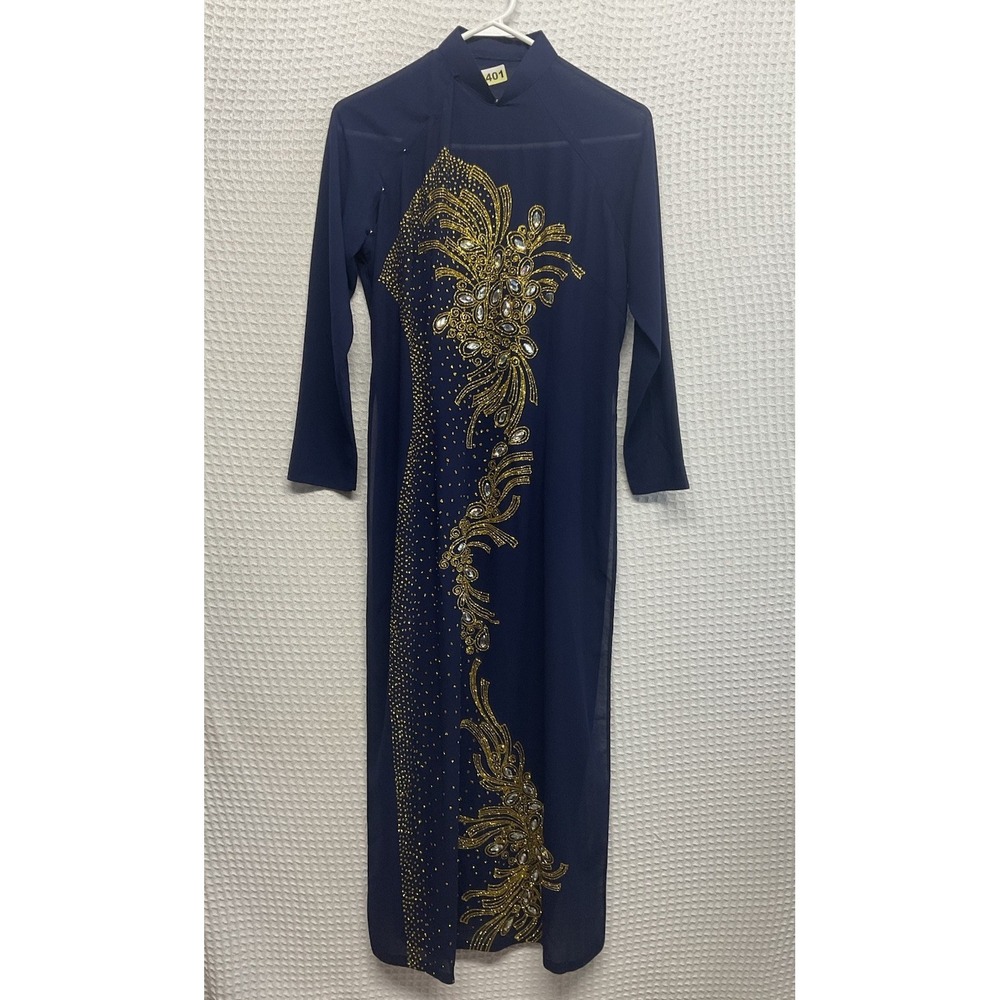 Navy Blue Ao Dai Chiffon Double Layer Long Dress Tunic Beaded Long Side Slits L